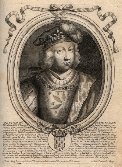 Portræt af Clovis III, konge af frankerne fra 691 til 695 - CLOVIS III Merovingerkonge af Neustrien og Austrasia - gravering fra 