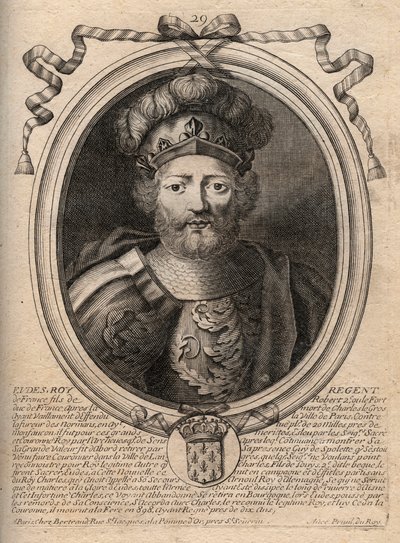 Portræt af Eudes (Odon) (v. 860 - 898), greve af Paris og Troyes, dengang konge af Frankrig - EUDES greve af Paris valgt til fransk trone efter afsættelsen af kejseren Karl - gravering fra 