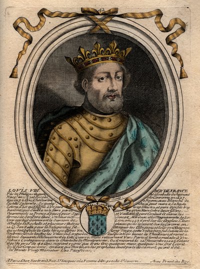 Portræt af Louis VIII (1187-1226), Konge af Frankrig - Ludvig VIII (1187-1226) Konge af Frankrig - Indgravering fra "" Les Augustes Repræsentationer af alle Frankrigs konger fra Pharamond til Louis XIV"", Paris af de Larmessin