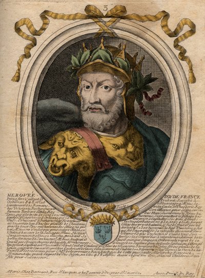 Portræt af Merovee eller Merovech, frankkonge (v448-v458), den første konge af den merovingerske race - Portræt af Merovech (Meroveus) (d456) Kongen af Salian Franks - gravering fra 