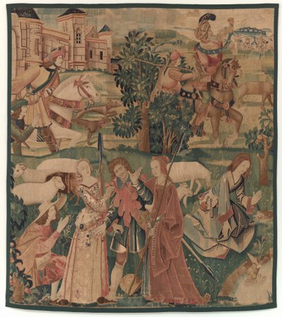 Jagt og pastorale scener, med en grinende mand mellem damer af design probably French 16th Century, Paris; woven in southern Netherlands or Paris in an undetermine workshop