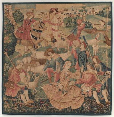 Jagt og pastorale scener, med en kranset helt mellem damer af design probably French 16th Century, Paris; woven in southern Netherlands or Paris in an undetermine workshop