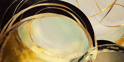 Abstrakt cirkel med gylden effekt, abstrakt vandret lærredsprint, vægkunst af F. Abderrahim