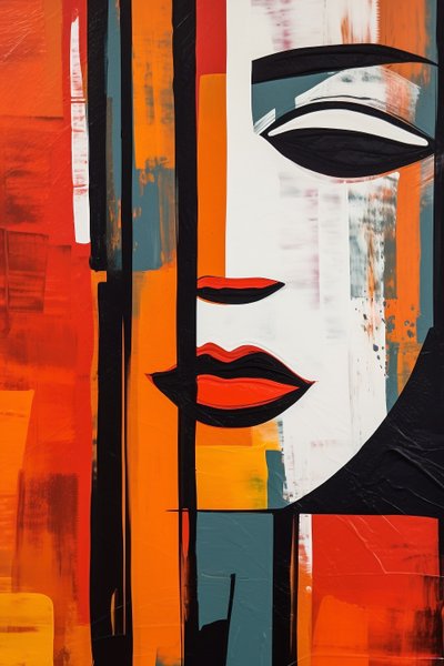 Abstrakt kvindeansigt, lige linjer på lærred, udskrivbar digital kunst af F. Abderrahim