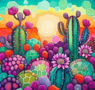 Desert Bloom: farverigt abstrakt maleri af solnedgang på kaktusplateauer af F. Abderrahim