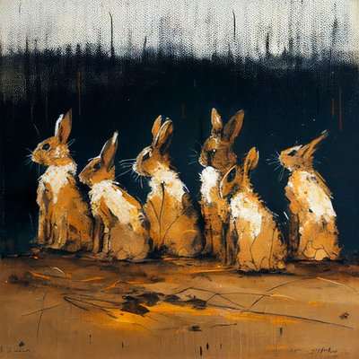 Kaniner maler med figurativ stil, vægkunsttryk af F. Abderrahim