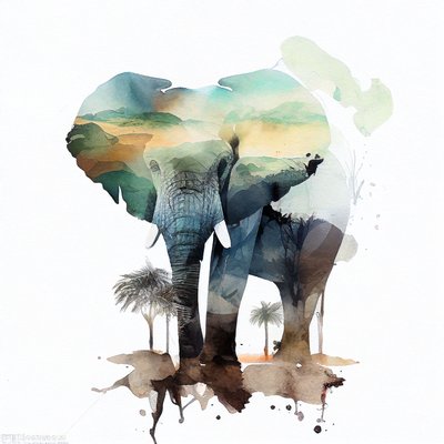 Akvarel elefant og afrikansk savannemaleri, vægkunsttryk af F. Abderrahim
