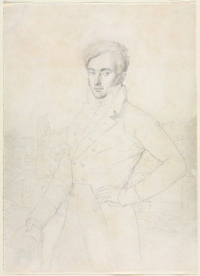 Portræt af en ung mand, der står på Quirinal med Turris Comitum i baggrunden af follower of Jean Auguste Dominique Ingres