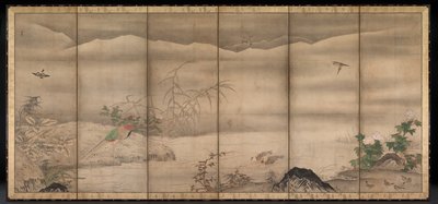 Fugle og blomster i et landskab med de fire årstider af follower of Sesshū Tōyō
