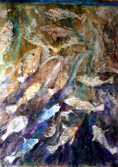 Fish Rising, 2018 (olie på lærred) af jocasta shakespeare