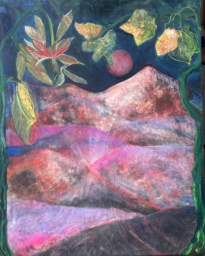 Pink moon over the Sierras, 2025 (olie på lærred) af jocasta shakespeare