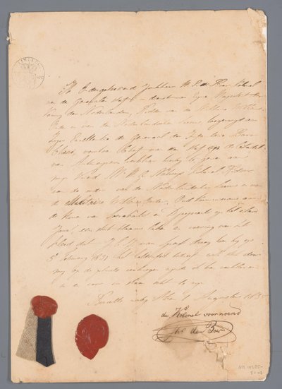 Et stykke stof fra uniformsnederdelen af ​​J.C.J. van Speyk med vedhæftede afstamningsbeviser af jonkheer H. E. de Boer