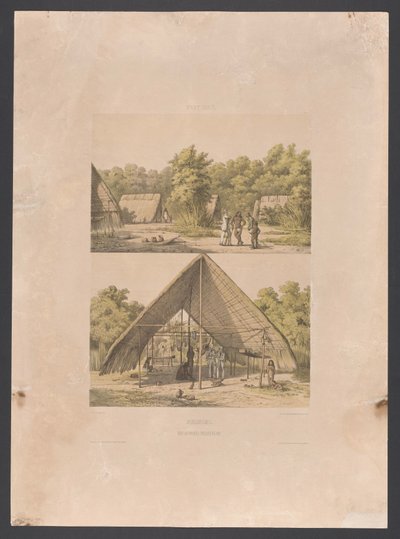 Arowak-lejren i Surinam Surinam. En Arowakka Indian Camp (titel på objekt) Vestindien (serietitel på objekt) Udsigt fra Hollands Vestindien (serietitel) af jonkheer Jacob Eduard van Heemskerck