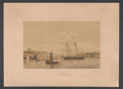 Willemstad havn Curacao. Anløb af krigsskibe i havnen (titel på objekt) Vestindien (serietitel på objekt) Udsigt fra Hollands Vestindien (serietitel) af jonkheer Jacob Eduard van Heemskerck