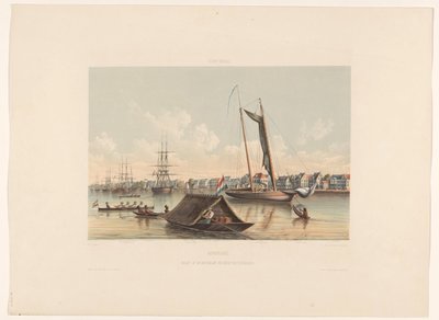 Havnefront og reder i Paramaribo Surinam. Udsigt over Paramaribo Waterkant og Redested (titel på objekt) af jonkheer Jacob Eduard van Heemskerck