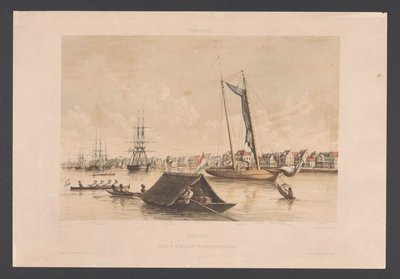 Havnefront og reder i Paramaribo Surinam. Udsigt over Paramaribo Waterkant og Redested (titel på objekt) Vestindien (serietitel på objekt) Udsigt fra Hollands Vestindien (serietitel) af jonkheer Jacob Eduard van Heemskerck