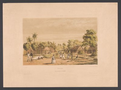Hjem til slaver på en surinamsk plantage Surinam. En plantageslavelejr (titel på objekt) Vestindien (serietitel på objekt) Udsigt fra Hollands Vestindien (serietitel) af jonkheer Jacob Eduard van Heemskerck