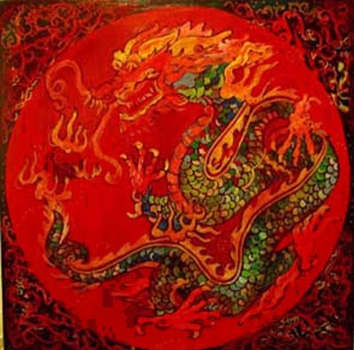 Dragon, 2016 (blandet, akryl, blæk, olie) af linda arthurs