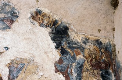 Engel og helgen, detalje fra fresco i kirken Agios Georgios Apodoulou, Apodoulou, Kreta, Grækenland (foto) af Theodore Charles Ange Coquelin