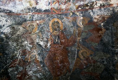 Kristus med engle og helgen, fresko i kirken Panagia, Kitiros, Kreta, Grækenland (foto) af Theodore Charles Ange Coquelin