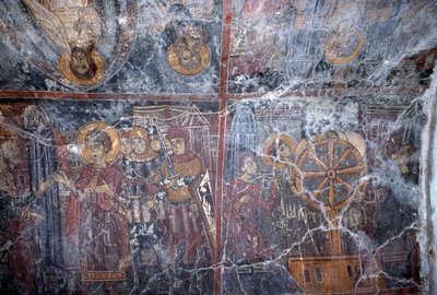 Fresko med religiøst tema, af Ioannis Pagomenos, fresko i den byzantinske kirke St George, Anidri, Kreta, Grækenland (foto) af Theodore Charles Ange Coquelin