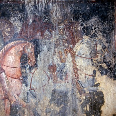 Helgen til hest, fresko i kirken i Palaia Roumata, Kreta, Grækenland (foto) af Theodore Charles Ange Coquelin