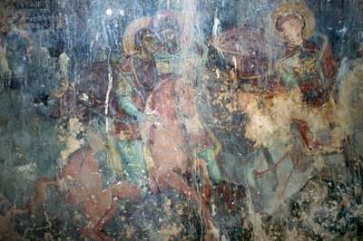 Hellige til hest, fresko i den byzantinske kirke Agios Athanasios, Kefali, Kreta, Grækenland (foto) af Theodore Charles Ange Coquelin