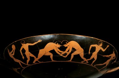 Loftskop med røde figurer, der repræsenterer atleter under træning, en diskobol og brydere. Maleri tilskrevet Euergides-maleren (slutningen af det 6. århundrede f.Kr.). Paris, Louvre-museet af painter Euergides