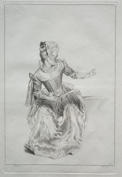 Kvinde, der holder en ventilator af possibly by Benoit II Audran