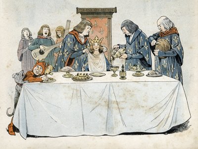 En lille pige iført en krone sidder på en trone ved et banketbord. En stor esong skænkede ham en drink, en stor kurvmager skar brød og en stor kammerherre bandt et håndklæde om halsen på ham. Troubadourer og en dværg underholder hende. Allegori over Frankr af pseudonym for Onfray de Breville Jacques Job