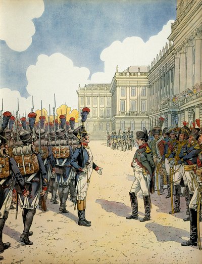 Ved Schoebrunn gennemgik Napoleon I Bonaparte (1769-1821) tropperne før slaget ved Wagram den 5. og 6. juli af pseudonym for Onfray de Breville Jacques Job