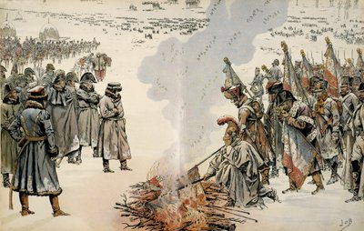 Ruslands kampagne (1812): Under Ruslands tilbagetog beordrede Napoleon I Bonaparte (1769-1821) at brænde flag og ørne for at forhindre fjenden i at overtage dem. I "" Napoleon"" af Georges Montorgueil. Illustration af Jacques Marie Gaston Onfray af pseudonym for Onfray de Breville Jacques Job