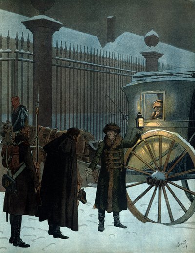 Besejrede det russiske felttog og vendte tilbage til Paris: Napoleon I Bonaparte (1769-1821) i en sedan ankom til tuilerierne den 18. december 1812 klokken 11 om aftenen efter det russiske tilbagetog. I "" Napoleon"" af Georges Montorgueil. Illustration af af pseudonym for Onfray de Breville Jacques Job