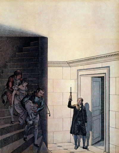 Kejser Napoleon I Bonaparte (1769-1821) og hans kammerherre efter meddelelsen om hendes skilsmisse i 1809 var kejser Josephine (1763-1814) forsvundet i hendes soveværelse. I "" Napoleon"" af Georges Montorgueil. Illustration af Jacques Marie Gaston Onfray af pseudonym for Onfray de Breville Jacques Job