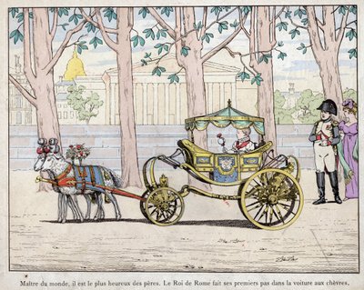 Kejser Napoleon I Bonaparte (1769-1821) med sin søn prins Napoleon Francois Charles Joseph Bonaparte, som blev konge af Rom Napoleon II også senere kaldt Aiglon - Napoleon ser kongen af Italien (Napoleon II) tage sine første skridt i en ca. af pseudonym for Onfray de Breville Jacques Job