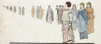 Femmes des "" frie mænd"" (frie borgere) iført deres kjoler hæftet på skulderen og tunge juveler på armene. i "" Frankrig, hans historie fortalt af G. Montorgueil, imagee af Job""" 1896. Privat samling. af pseudonym for Onfray de Breville Jacques Job