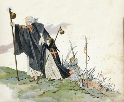 Første korstog: Eremitten Peter (1050-1115) leder korstoget til råbet om "Gud vil det!" . Han er iført frakke, slår med et kors og holder en pelerin humle. En lille pige, der symboliserer Frankrig, ledsager hende. i "" Frankrig, hendes historie fortalt af  af pseudonym for Onfray de Breville Jacques Job