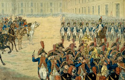Første anmeldelse af den konsulære vagt i Tuileriernes gårdhave af Napoleon I Bonaparte (1769-1821). Efter vedtagelsen af forfatningen i 1800 forlod regeringen Peer-Luxembourg for at slå sig ned i Tuilerierne. På dagen for hans installation, Fi af pseudonym for Onfray de Breville Jacques Job