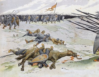 Fransk-engelsk krig (1202-1214): soldater, der døde i slaget ved Bouvines den 27/07/1214, som modsatte den franske hær af Philippe Auguste til flamlænderne og Welfs af Othon IV. i "Frankrig, dets historie fortalt af G. Montorgueil, billede af Job"" 1896. P af pseudonym for Onfray de Breville Jacques Job