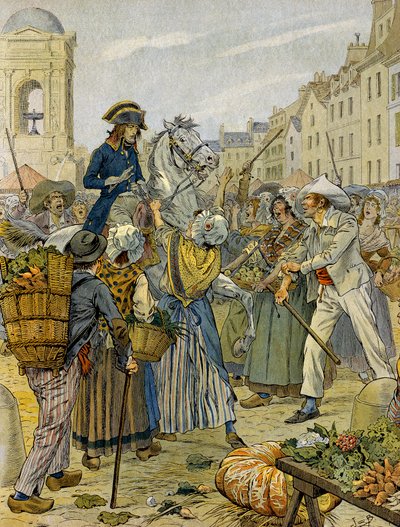 Fransk revolution 1789: Napoleon I Bonaparte (1769-1821) tog parti af den revolutionære befolkning og uden trusser (uden trusser) i Les Halles. Illustration af Jacques Marie Gaston Onfray de Breville dit JOB (1858-1931). Privat samling af pseudonym for Onfray de Breville Jacques Job