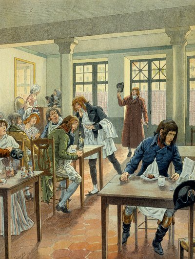 Fransk Revolution i 1789: Napoleon I Bonaparte (1769-1821) ung hos gargotier Justat, fra rue des petits peres (Petits-Peres) i Paris, reduceret til en enkelt ret, som han betalte for 6 under portionen. Illustration af Jacques Marie Gaston Onfray de af pseudonym for Onfray de Breville Jacques Job
