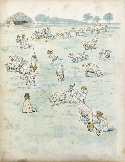 Galliske børn leger med grise på en mark. i "" Frankrig, hans historie fortalt af G. Montorgueil, imagee af Job""" 1896. Privat samling. af pseudonym for Onfray de Breville Jacques Job