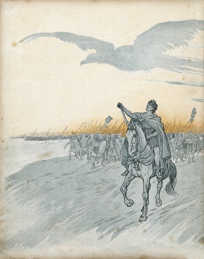 Gallienkrig: Gaius Julius Cæsar (dengang Jules cesar) (100-44 f.Kr.) og hans hær invaderer Gallien. Skyggen af en ørn, symbol på Romerriget, dukker op på himlen. i "Frankrig, hans historie fortalt af G. Montorgueil, afbildet af Job"" 1896. Privat samling. af pseudonym for Onfray de Breville Jacques Job