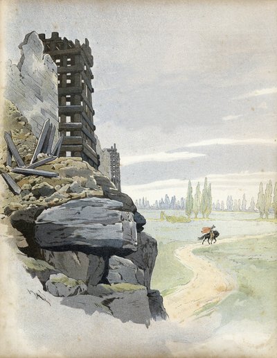 Galliens krig: Galliens leder Vercingetorix (72-46 f.Kr.) forlader byen Alesia, belejret af romerske tropper, og erkender sit nederlag i 52 f.Kr. i "" Frankrig, hans historie fortalt af G. Montorgueil, afbildet af Job"" 1896. Privat samling. af pseudonym for Onfray de Breville Jacques Job
