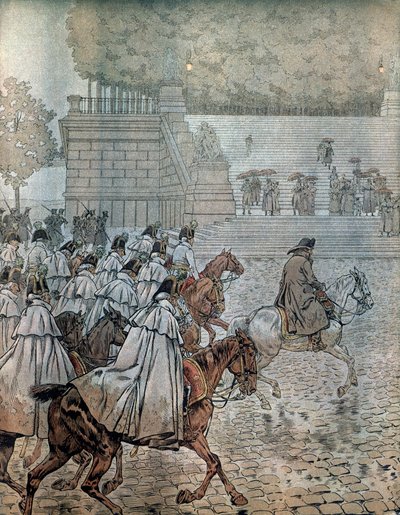 Tysk felttog i 1813: Napoleon I Bonaparte (1769-1821) og hans generalstab (stab) vendte tilbage til Dresden efter at have vundet slaget den 26. og 27. august. I "" Napoleon"" af Georges Montorgueil. Illustration af Jacques Marie Gaston Onfray de Breville d af pseudonym for Onfray de Breville Jacques Job