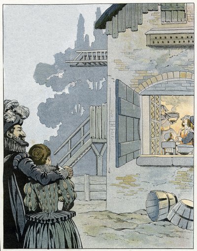 Henrik IV (1553-1610) og kyllingen ved gryden: Kongen observerer måltidet hos en bondefamilie og ønsker at forbedre deres levevilkår takket være kyllingen ved gryden. i "Frankrig, hans historie fortalt af G. Montorgueil, afbildet af Job"" 1896. Privat c. af pseudonym for Onfray de Breville Jacques Job