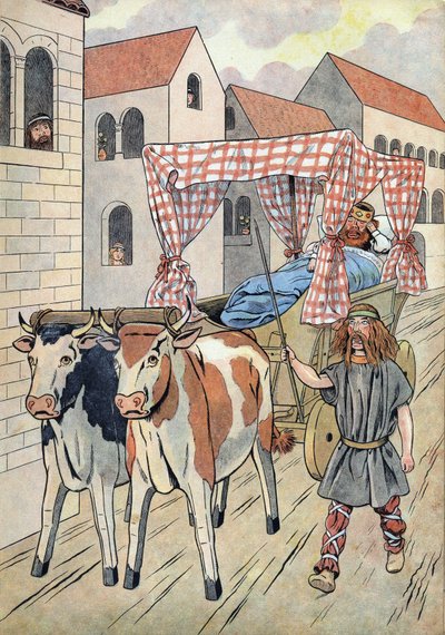 Frankrigs historie. Scene, der skildrer dovne konger i legetøj: Kongen af Frankrig Thierry III (673-691) bærer i en tank med en seng trukket af okser. I “” Joujoux a l