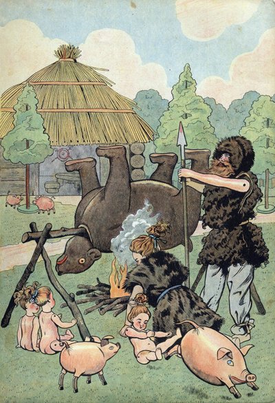 Frankrigs historie. Scene med Barbarian Gallien med legetøj: en galler og en galler kjoler i beteskind tilbereder en bjørn for at brødføde deres familie. i “” Joujoux à l