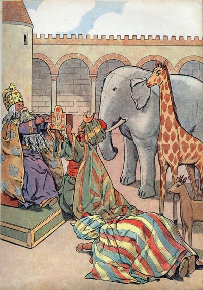 Frankrigs historie. Scene fra Karl den Stores liv i legetøj: Kalif Haron Al Rashid (Haron-Al-Rachid) giver Kongen af Frankrig Karl den Store (742-814) en giraf, en elefant og et ur. I "" Joujoux a l