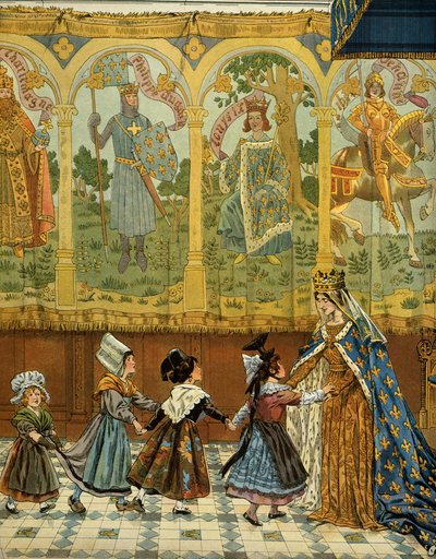 Frankrigs historie i middelalderen (middelalderen): Allegori af de franske provinser vidner om Frankrigs krone under kong Ludvig XI. kaldet den forsigtige (1423-1483). Illustration af Jacques Marie Gaston Onfray de Breville dit JOB (1858-1931 af pseudonym for Onfray de Breville Jacques Job
